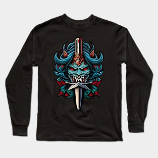 Traditional Japanese Oni Mask | Samurai Mask | Cyberpunk Mask | 0006 Long Sleeve T-Shirt